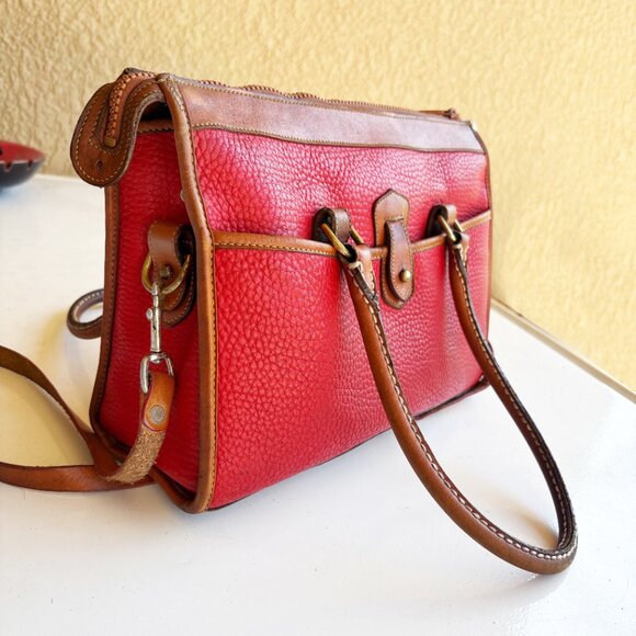 Dooney & Bourke Bag AWL Red & Tan Leather Shoulder Satchel Vintage DAMAGED - Picture 3 of 11
